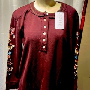 Burgundy hand embroidered thermal tops by Caite